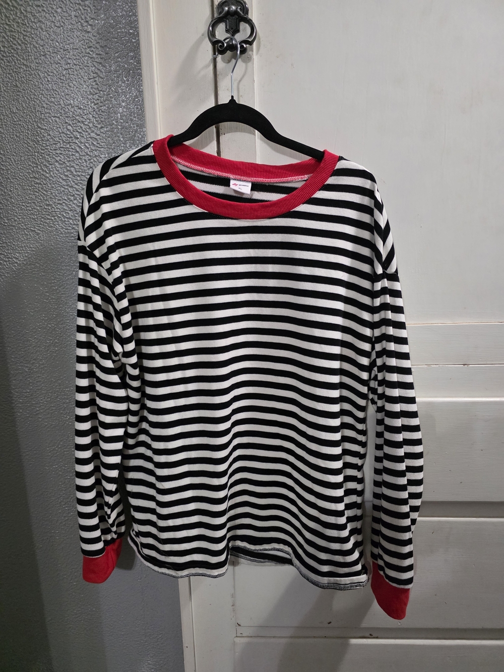 Black & White Striped Long Sleeve Tee with Red Trim